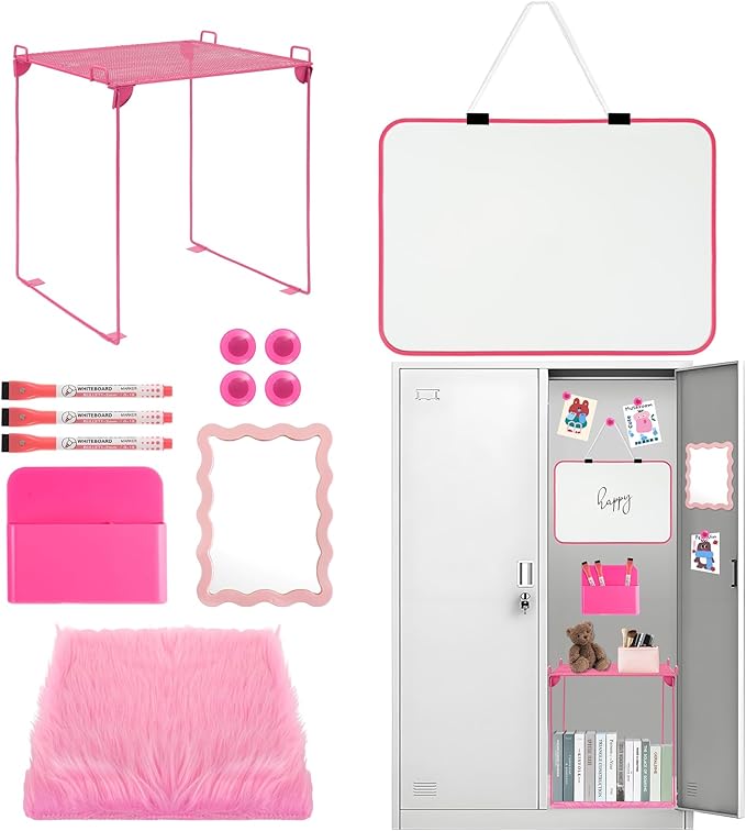 12 Pcs Locker Organizer and Decorating Kit, First Day of School Essentials Marble Print board with Markers Locker Shelf Plush Area Rug String Light Mirror Magnetic Cup and Magnet (Rose Red)