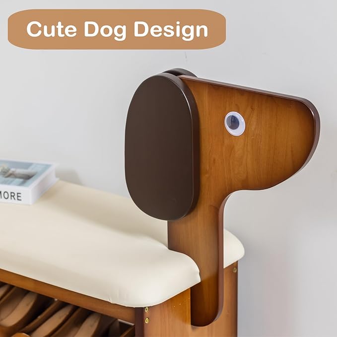 SOBIBO Shoe Bench with Cushion, 2-Tier Dog Entryway Bench Cute, Wood Shoe Rack Bench,31.5 inches