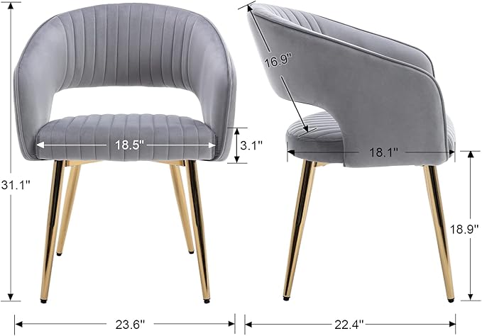 Modern Velvet Dining Chairs Set of 6, Upholstered Gold Dining Room Chairs with Hollow Back and Gold Legs, Accent Armrest Kitchen Chairs for Living Room Reception Grey