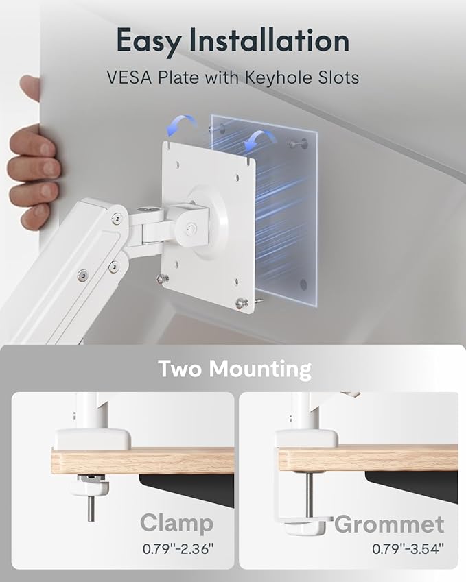 Flexispot Single Monitor Arm, 17-32 Inch Monitor Mount up to 19.84 lbs, Fast Install VESA Mount for Home Office Gaming, Full Adjustable Gas Spring with C-Clamp and Grommet Base, White