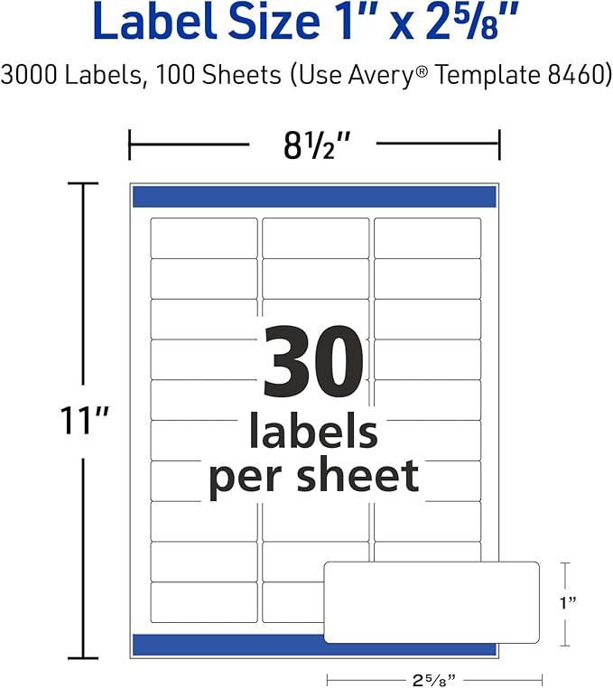 Avery Easy Peel Printable Address Labels with Sure Feed, 1" x 2-5/8" Customizable Stickers, White, 3,000 Blank Mailing Labels, Great for Mailing, Shipping, and More (8460)
