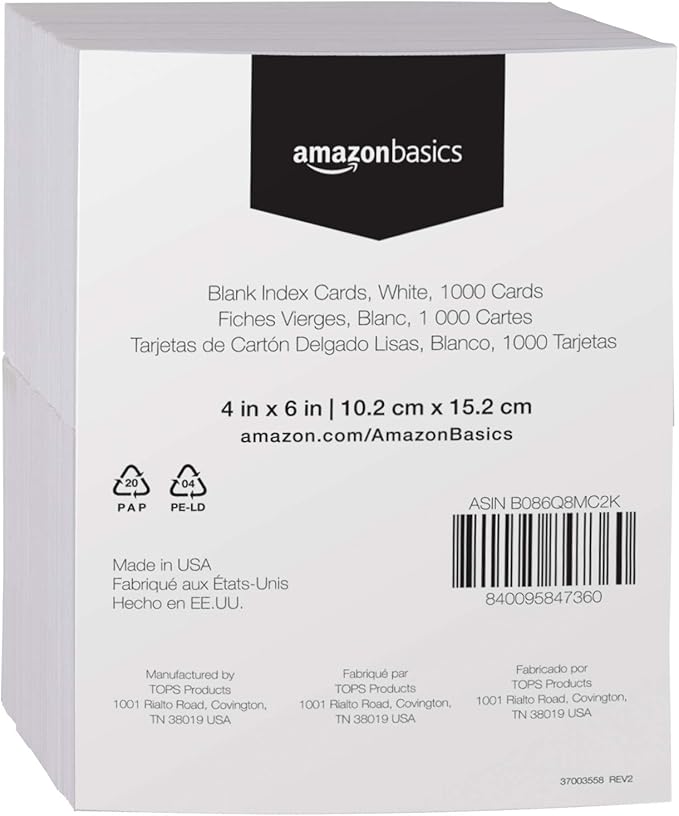 Amazon Basics Blank Index Cards for Studying and Note Taking, White, 4" x 6", 1000 Count (Pack of 2)