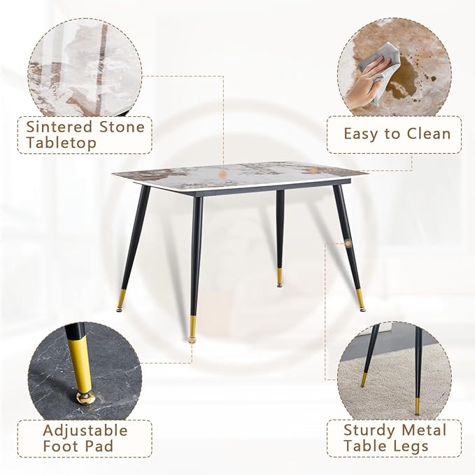 Small Dining Table Set for 4，50'' Sintered Stone Table with 4 Chair Dining Table Set，Easy to Assemble，Suitable for Small Spaces