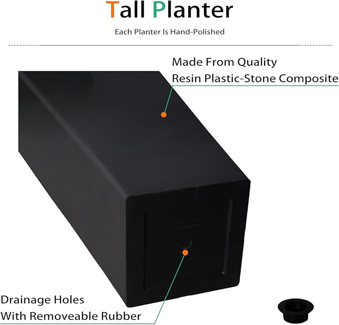 Tall Planters for Outdoor Plants, Large Resin Flower Pots for Garden, Front Porch, Patio, Indoor - Set of 2 (Black, 28 inch - 2 Pack)