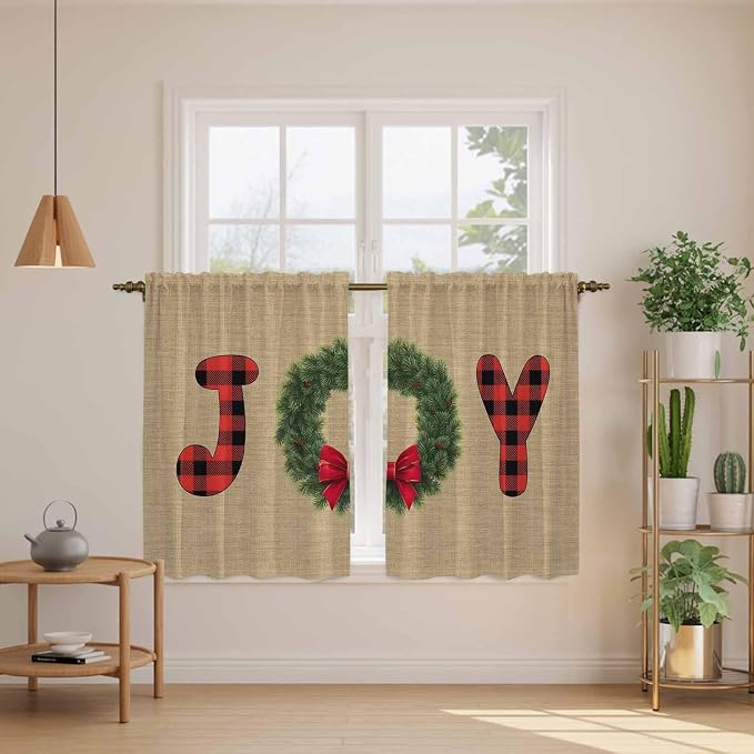 Red Green Christmas Kitchen Curtains 45 Inch Long 2 Panel Set, Rod Pocket