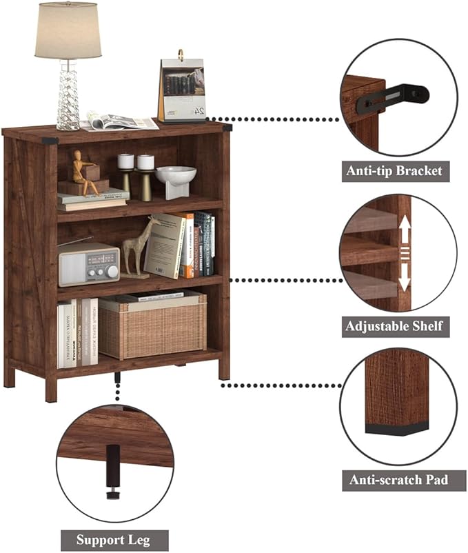 BON AUGURE Rustic Short Bookshelf, 3 Shelf Bookcase, Small Wood Low Book Cases/Shelves, Farmhouse Storage Tier Book Shelves for Home Office, Living Room, Small Space (Rustic Oak)