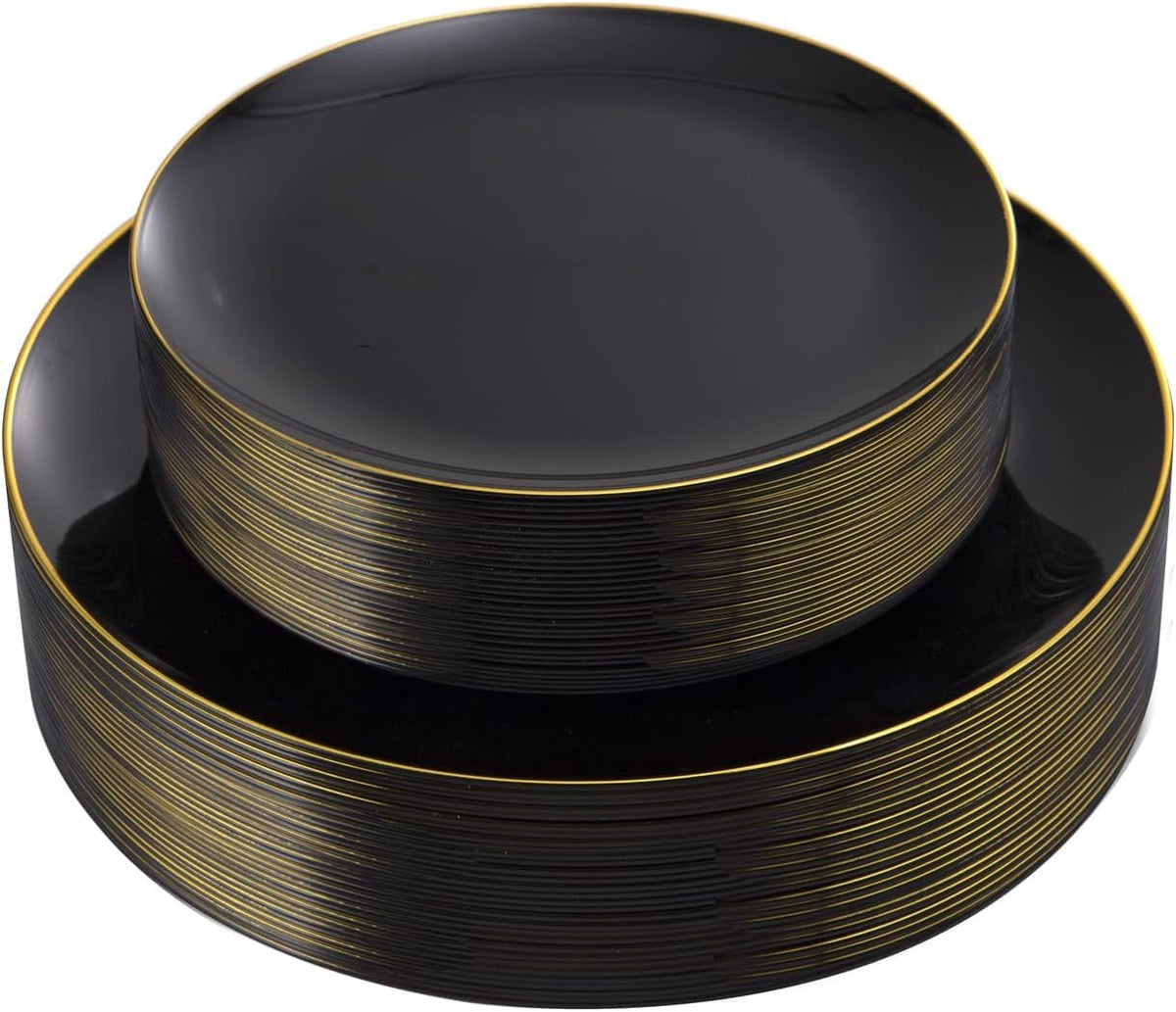 KIRE 60PCS Black Plastic Plates - Black Disposable Plates with Gold Rim - Include 30Pcs 10.25inch for Dinner and 30Pcs 7.5inch for Dessert for Wedding/Graduation/Party/Halloween