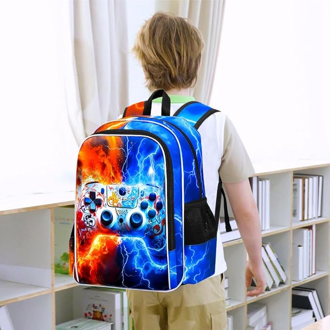 gxtvo 3PCS Kids Game Bookbag, 17" Boys Backpack with Lunch Box, Water Resistant Middle Elementary School Bag - Fire & Lightning Game