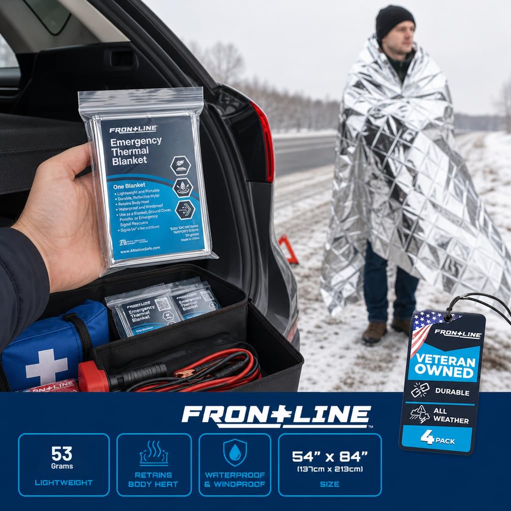 FRONTLINE Mylar Emergency Blankets 54" x 84" | Lightweight Thermal Survival Space Blanket, Waterproof & Windproof Foil Blanket for Camping, Hiking, First Aid & Disaster Preparedness (4)