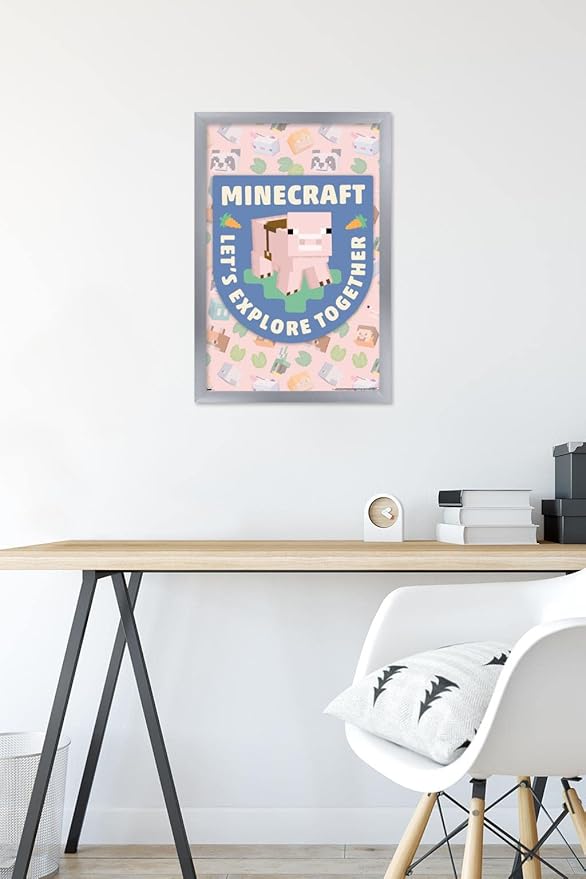 Trends International Minecraft - Let's Explore Together Wall Poster, 22.4L x 14.7W, Silver Framed Version