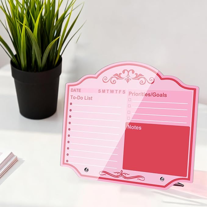Desktop Thickened Acrylic Dry Erase Board to Do List Planner Board 12" x 10" Tabletop Priorities Notes Whiteboard with Stand Markers Pink for Office Home School Desk Weekly Daily Task Organizer