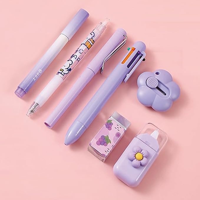 7 Pcs Cute Purple Stationery Set Kawaii School Supplies Office Supplies Including Ballpoint Pens Pencil Sharpener Highlighter Correction Tape Ruler Utility Knife (Purple)