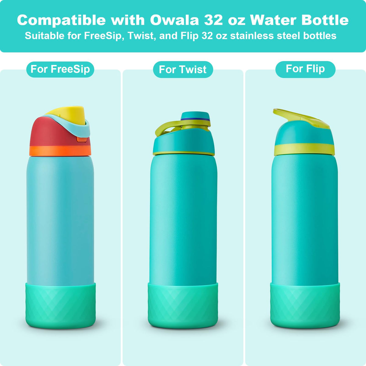 Alwenid 2PCS Silicone Water Bottle Boot for Owala 32 Oz, Anti-Slip Protective Sleeve Bottom Bumper Protector for FreeSip, Twist, and Flip Stainless Steel Water Bottles (Cyan)