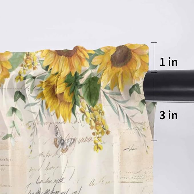 Farmhouses Sunflowers Sheer Valance Curtains, Retro Floral Leaves Red Truck