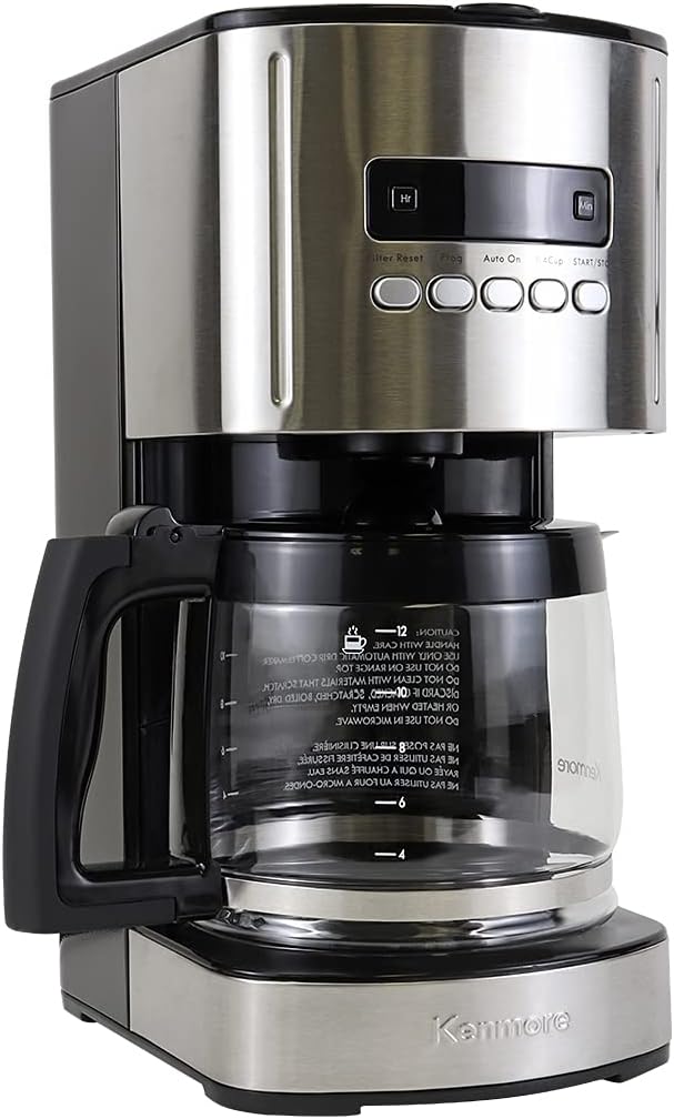 Kenmore Coffee Maker 12 cup Drip Coffee Machine Reusable Filter Programmable Timer Digital Display Aroma Control Glass Carafe Charcoal Water Filter Regular Bold Stainless Steel and Black