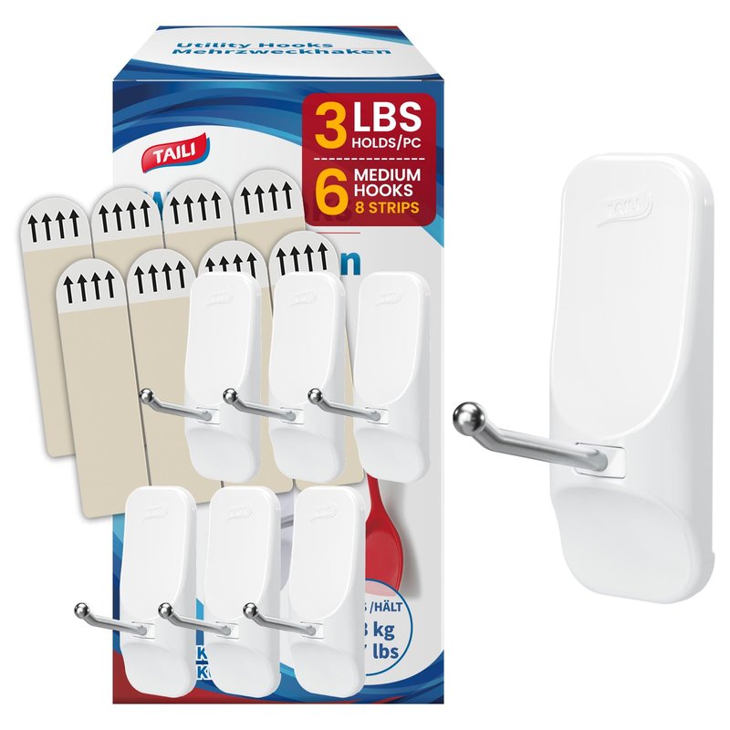 TAILI Hooks for Hanging,6 Wire Sticky Hooks and 8 Adhesive Strips, White Utility Hooks for Painted Wall, No Damage Heavy Duty Holds up to 3 lb, Removable & Reusable for Door, Dorm, Clothes, Kitchen