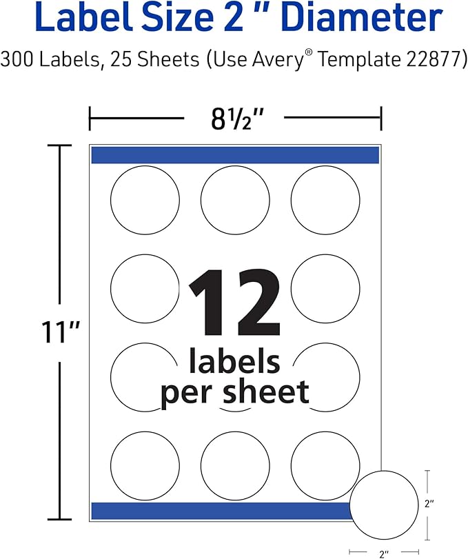 Avery Printable Round Labels with Sure Feed Technology, 2" Diameter, Matte White, Laser & Inkjet Compatible, 300 Blank Labels Total, Great for Branding, Packaging, Events, and More (22877)