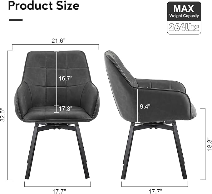 TUKAILAi Swivel Dining Chairs Set of 4, Faux Leather Upholstered Mid Century Accent Chairs with Metal Legs, Rotatable Kitchen Chair for Home Office Kitchen Restaurant (Grey)