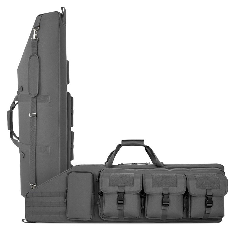 DULCE DOM Double Rifle Case 42'' Soft Gun Bag Tactical Backpack with Movable Divider for Hunting Shooting Range, MOLLE System Multiple Magazine Pouches & Accessory Bags (GREY)