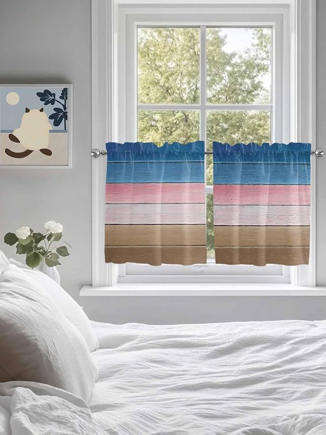 Blue Pink Brown Gradient Wood Grain Window Valance Curtains, Vintage Wood Board