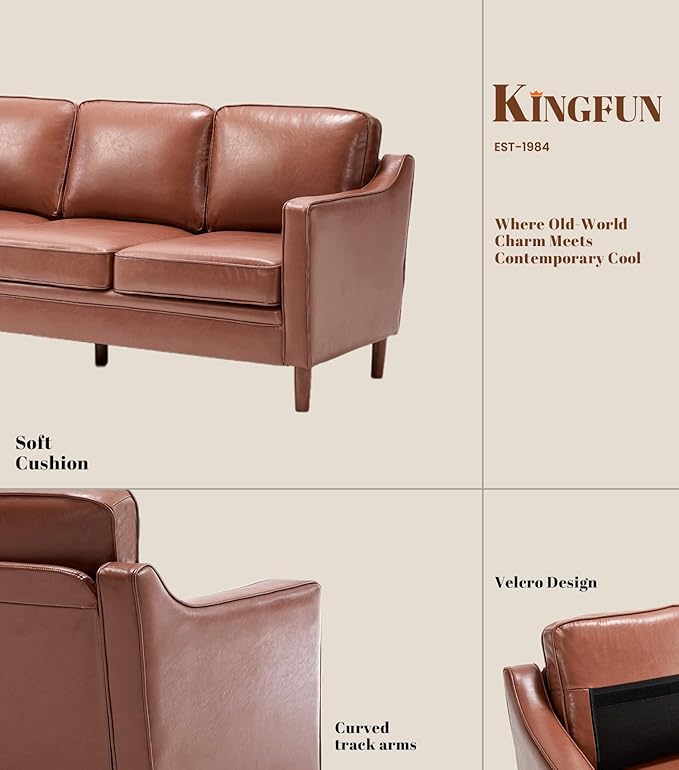 Kingfun Living Room Furniture Sets, 3 Seater Couch, Armchair and Loveseat, Mid Century Modern Sofa Set, Faux Leather Couch with Solid Wood Frame for Living Room & Bedroom, Dark Brown