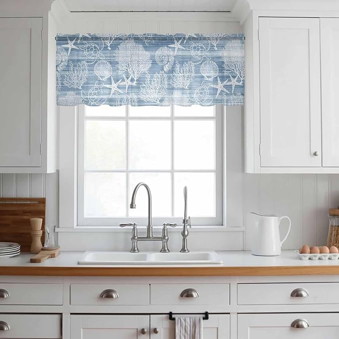 Haze Blue Retro Summer Sheer Valance Curtains, Sea Turtle Starfish Coral Ocean