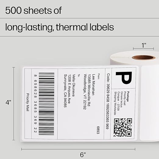 HP 4'' x 6'' Direct Thermal Shipping Labels, 2 Rolls 250 Sheets per Roll, Multipurpose Thermal Labels for Personal or Business Use, Compatible with HP and Other Thermal Label Printers, White