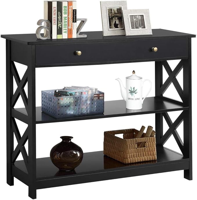 Yaheetech Console Table with Drawer, 39.5 Inch Narrow Sofa Table with Storage Shelves, 3-Tier Wood Entryway Table for Hallway/Living Room/Foyer, Black