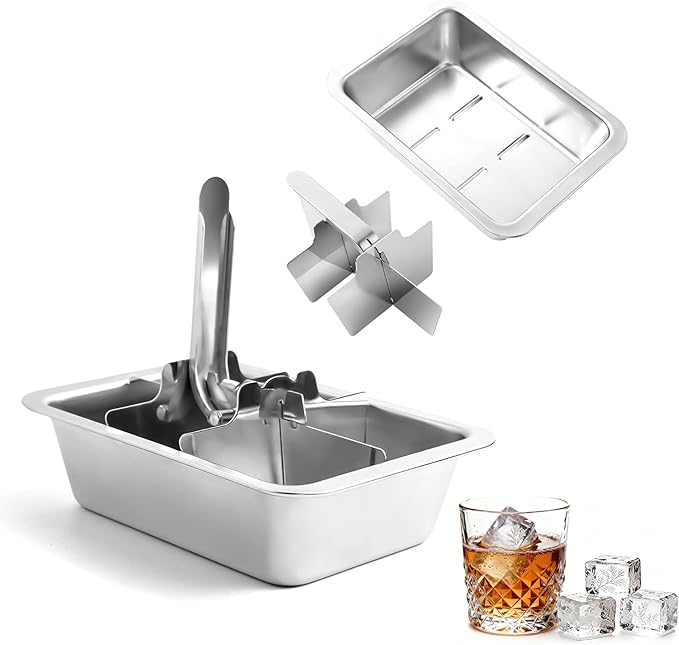 YeQIENGC Stainless Steel Ice Cube Trays with Lever - 6 Large Cube Mold for Whiskey & Cocktails, Professional Heavy Duty Metal Freezer Tray, Non-Toxic & Easy Release for Kitchen & Bar Use