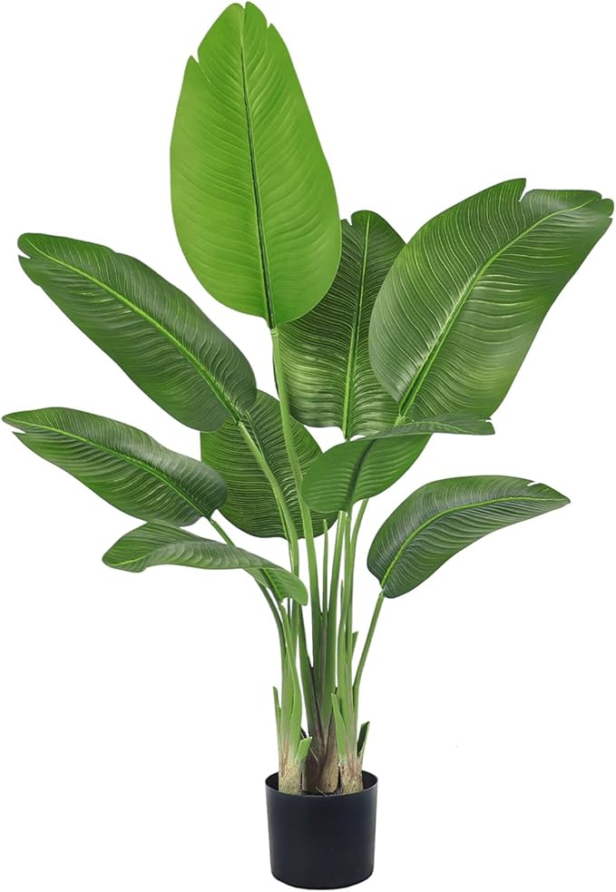 Birds of Paradise Plant Artificial, 4FT Fake Plants Faux Banana Leaf Tree with 9 Banana Leaves, Lifelike Tall Fake Tropical Palm Indoor Silk Floor Plant in Black Pot for House,Office,Room,Home Decor