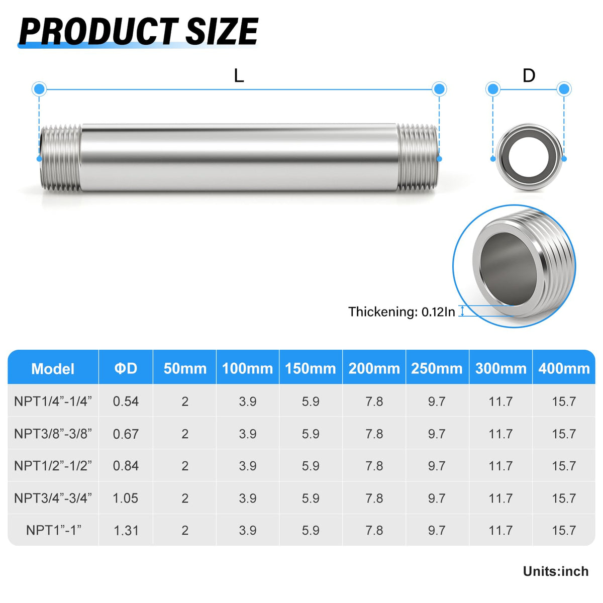 TAILONZ PNEUMATIC 1" NPT Male x 1" NPT Male 304 Stainless Steel Pipe Nipple, 10" Length Thickened Cast Pipe Fitting, Threaded Connector（Pack of 3）