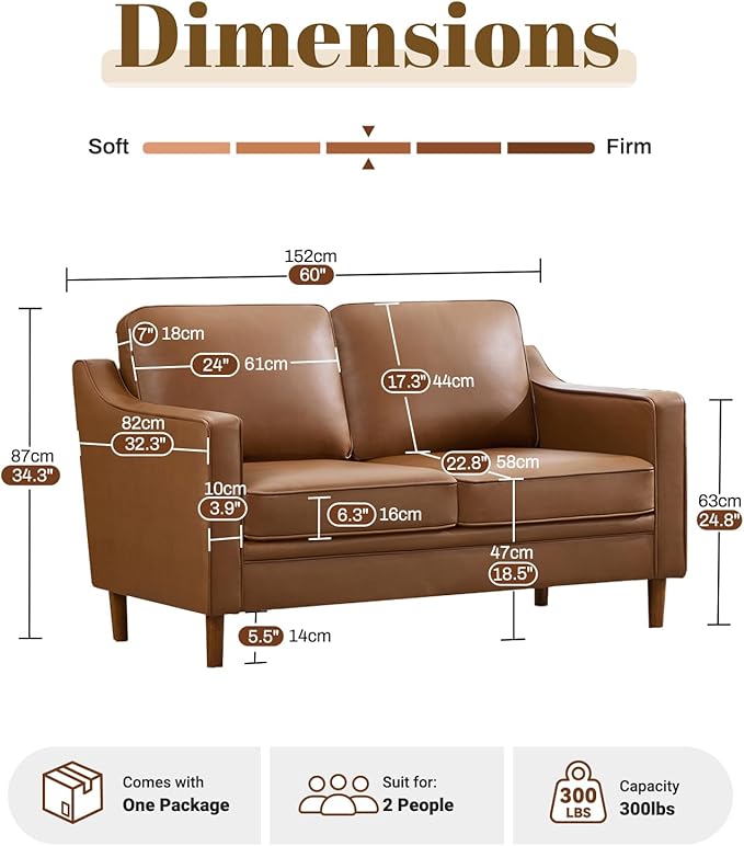 Kingfun 56" Faux Leather Sofa, Loveseat Couch, Mid Century Modern Love Seat Couches with Solid Wood Frame for Living Room & Bedroom, Brown
