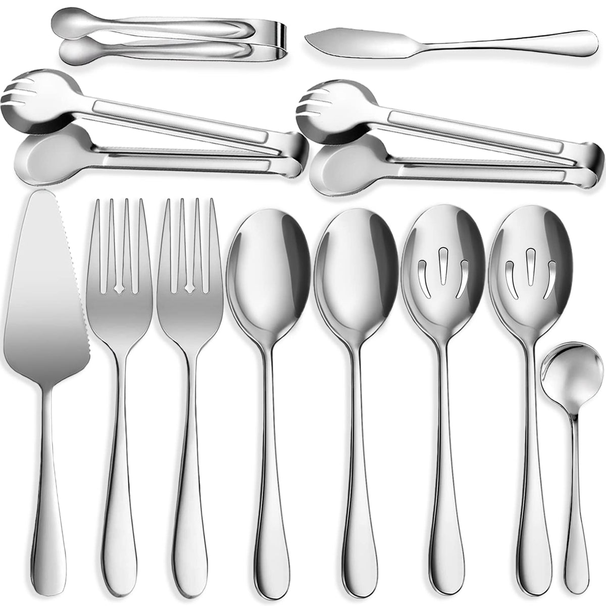 IAXSEE 11 PCS Serving Utensils, Large Stainless Steel Spoons Forks Tongs, Pie Server, Great for Hostess Buffet Catering Banquet Party, Black