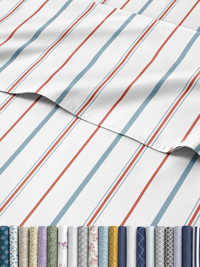 Striped Sheets - Red & Blue Striped Sheets - 1 Flat & 1 Fitted & 1 Pillowcase w/ Deep Pockets – Wrinkle & Fade Free - Ultra-Soft, Breathable & Cooling – Luxury Pinstripe Bedding - Twin XL Size Bed Set