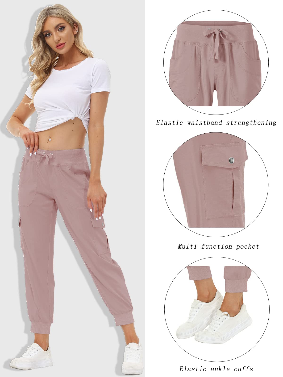 MoFiz Hiking Cargo Pants for Women with Pockets Lightweight Quick Dry Athletic Outdoor Summer Travel Casual Joggers Sweatpants Dusty Pink XS