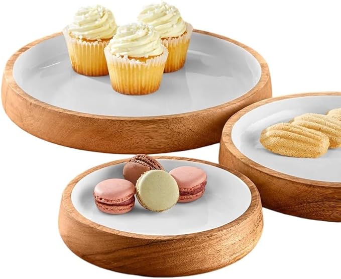 ARTISAN TOUCH Premium Wooden Serving Bowl Set with White Inner Natural Wood & Ceramic Finish Bowls for Snacks, Salad, Fruits & Dry Fruits Stylish Kitchen & Dining Tableware