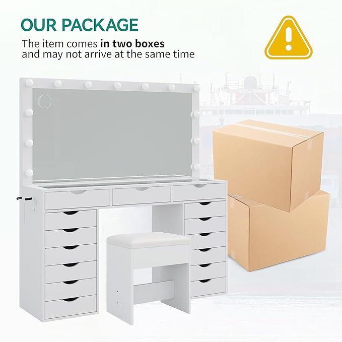 15 Drawers Vanity Desk with Power Outlet, Makeup Table with Mirror and 13 LED Lights, 3 Color Lighting Modes, Brightness Adjustable, Glass Top Dressing Table, Vanity Set for Bedroom (White)