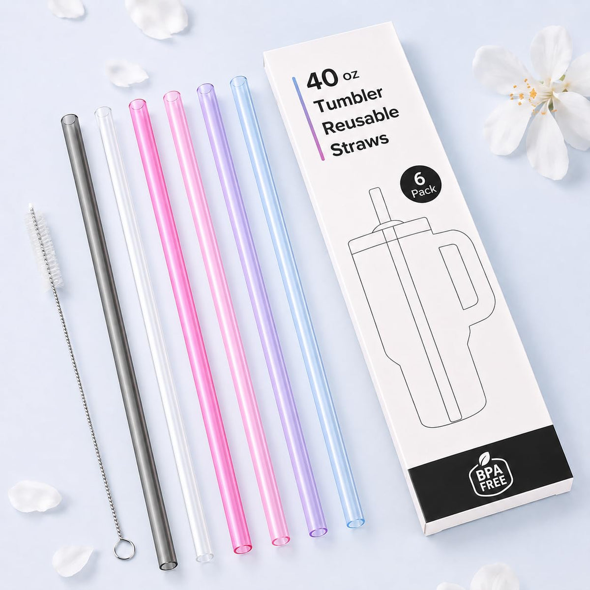 Joshey 12 Inch Tritan Replacement Straws for Stanley 40oz Tumbler - 6 Pack Reusable Long Straws with Cleaning Brush, Fits 30oz & 40oz Stanley Cup Accessories, BPA-Free (5 Colors)