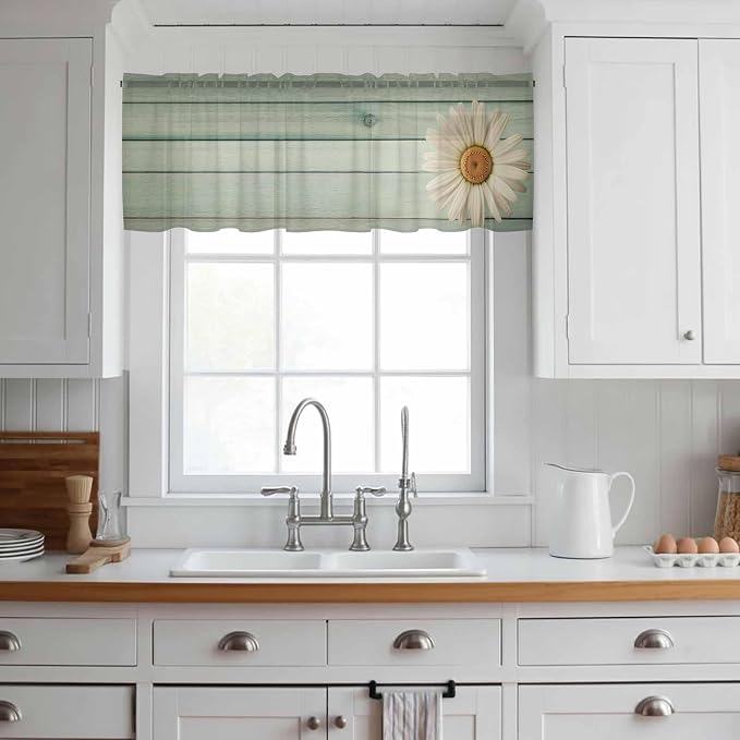 Daisy Flower Sheer Valances for Windows 42"x12", Light Filtering Kitchen