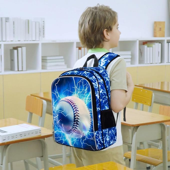 KLFVB 3PCS Boys Bookbag, 17" Kids Backpack and Lunch Box, Water Resistant Teenagers School Bag for Middle Elementary - Lightning Baseball