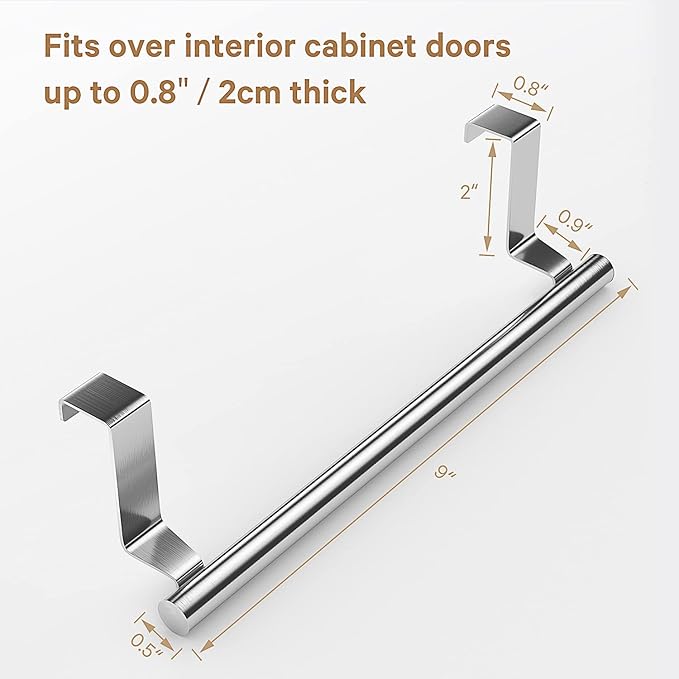 Stainless Steel Over Door Towel Rack Bar Holders for Universal Fit on Over Cabinet Cupboard Doors 2 Pack (Sliver)