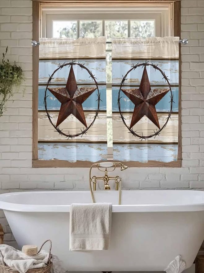 Vintage Western Star on Wood Grain Window Valance Curtains, Retro Wooden