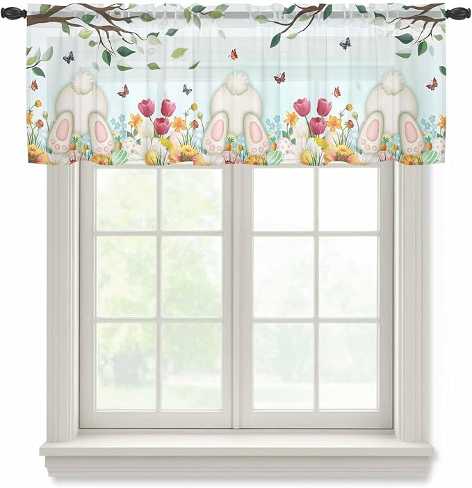 Easter Sheer Valances for Windows 42"x12", Light Filtering Kitchen Curtains