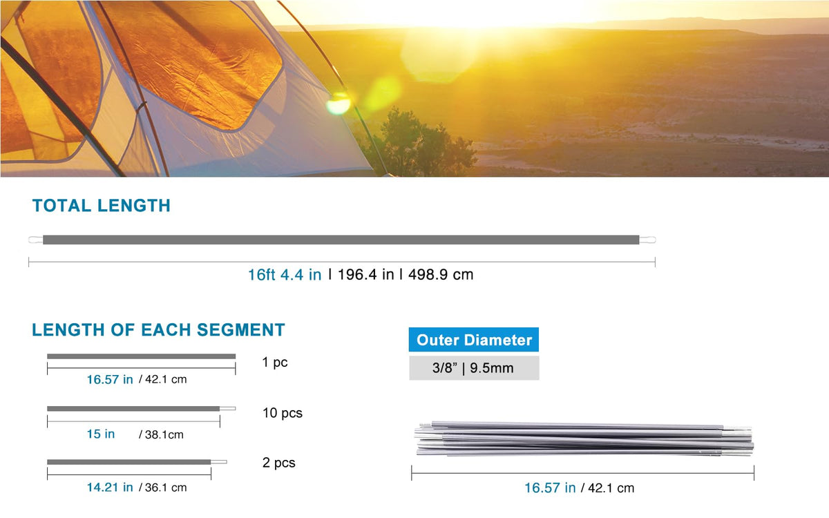 BRILLIANCE4U Grey Tent Poles Replacement, Pre-Assembled Aluminum Tent Rod 16ft 4.4 in, 7001 T6 Heated Lightweight Outer Dia. 3/8” 9.5mm, 196.4 in 1 Pole