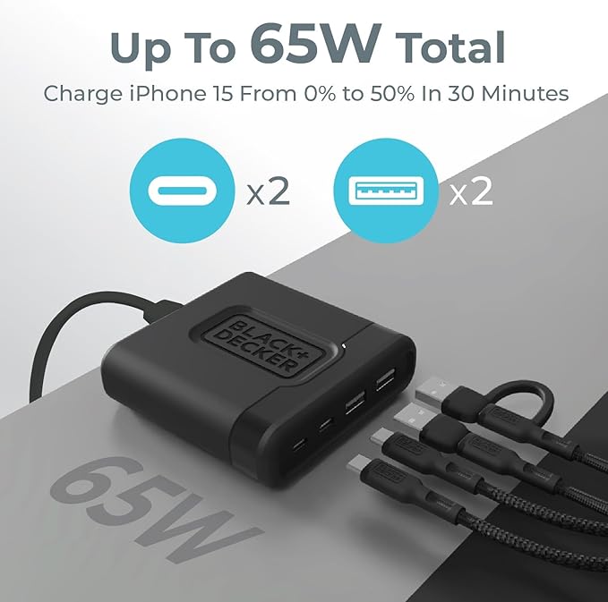 BLACK+DECKER USB C Fast Charger 65W 4 Port Type USB C Charging Station Hub Block TypeC Wall Charger Power Strip Adapter Plug 2 USBC 2 USBA for iPad iPhone 17 16 15 14 Pro Max Pixel Note Galaxy, Black