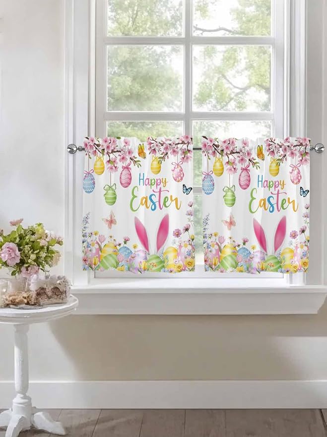 Happy Easter Half Window Curtain 36 Inches Long, Spring Watercolor Bunny Eggs