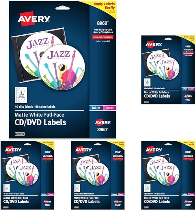 Avery Printable Full-Face CD Labels, Matte White, Permanent Adhesive, Laser/Inkjet Printable, 40 Disc & 80 Spine Labels, Ideal for CDs, DVDs, PC Discs, Media Projects & More (8960) (Pack of 5)
