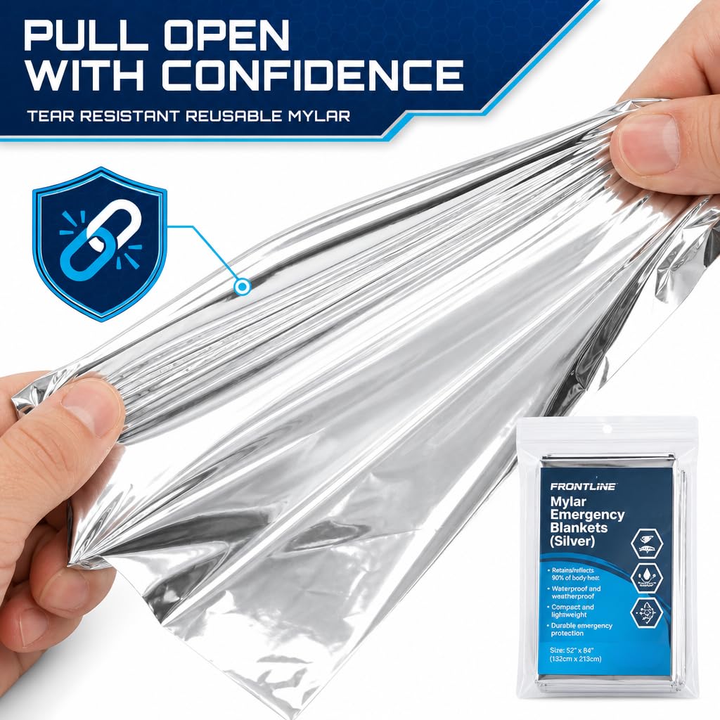 FRONTLINE Mylar Emergency Blankets 54" x 84" | Lightweight Thermal Survival Space Blanket, Waterproof & Windproof Foil Blanket for Camping, Hiking, First Aid & Disaster Preparedness (4)
