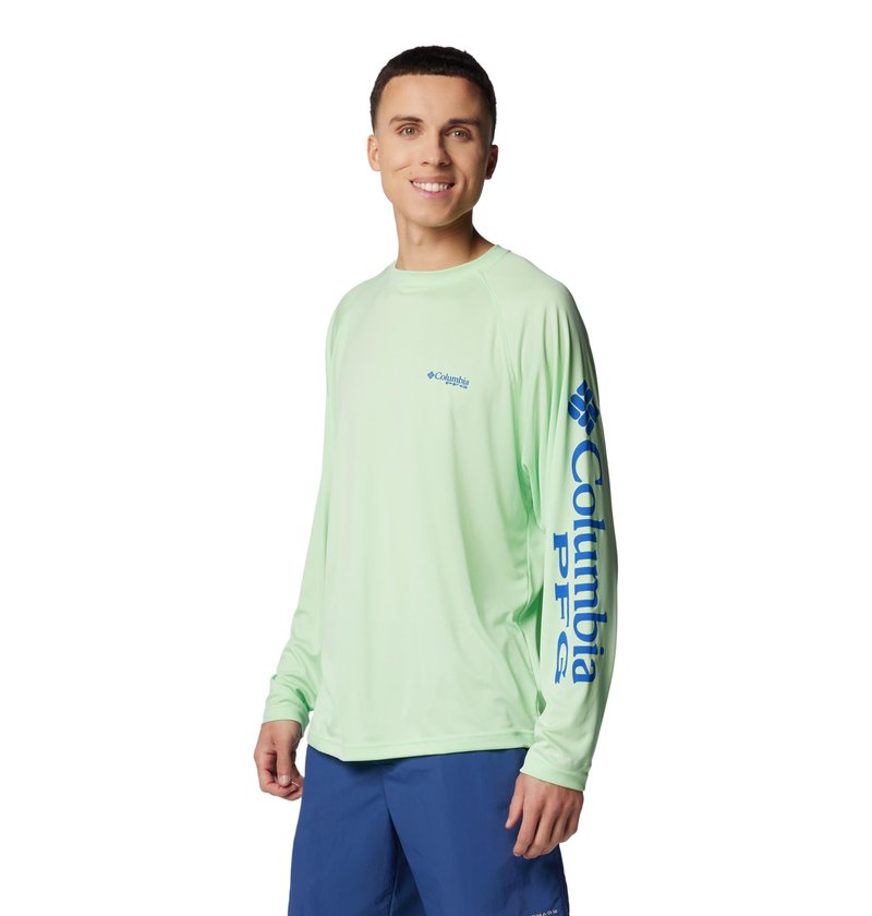 Columbia Men's PFG Terminal Tackle Long Sleeve Fishing Shirt, Key West/Vivid Blue Logo, Large Tall
