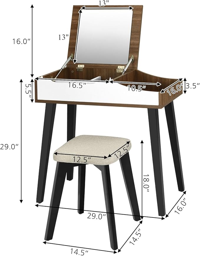 CHARMAID Vanity Desk with Flip Top Mirror, Storage Compartments, Removable Dividers, Bedroom Makeup Dressing Table, Wooden Vanity Set Writing Desk with Stool for Kids Girls Women